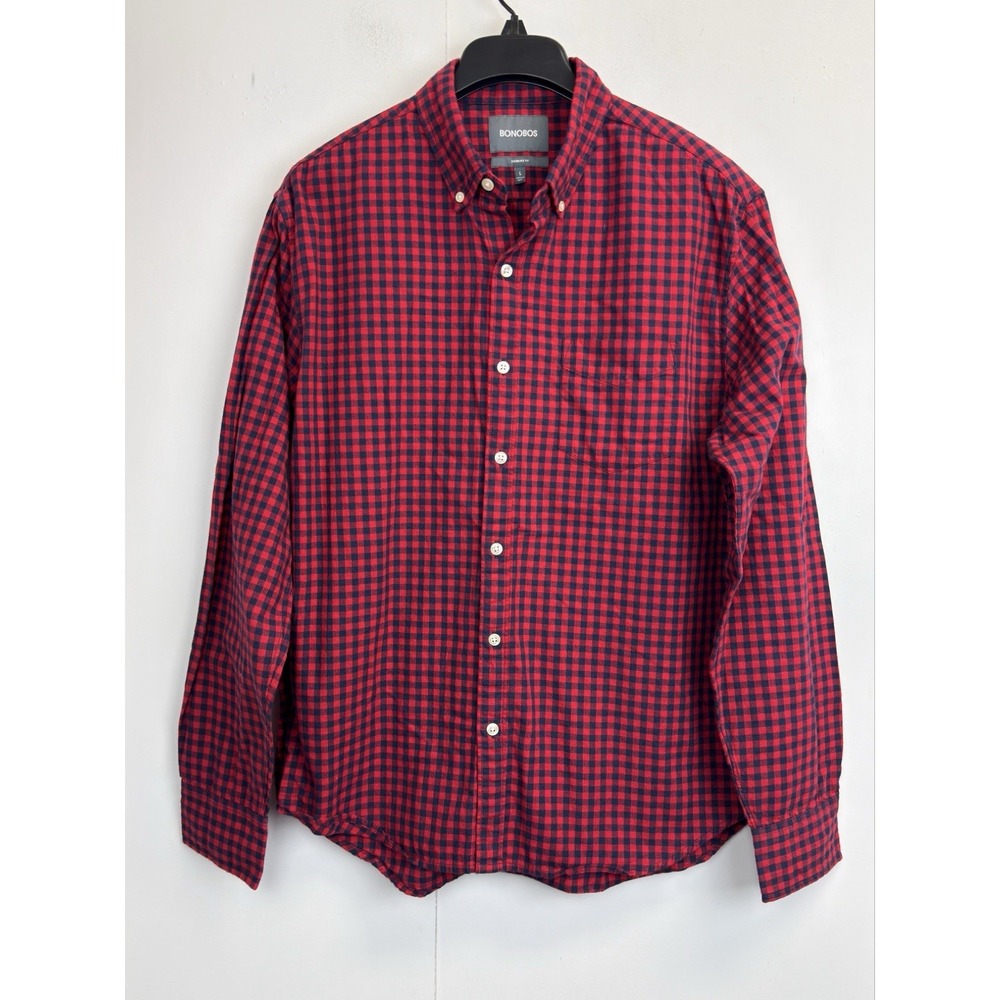 Bonobos Mens L Flannel Shirt‎ Standard Fit Red Buffalo Plaid Long Sleeve